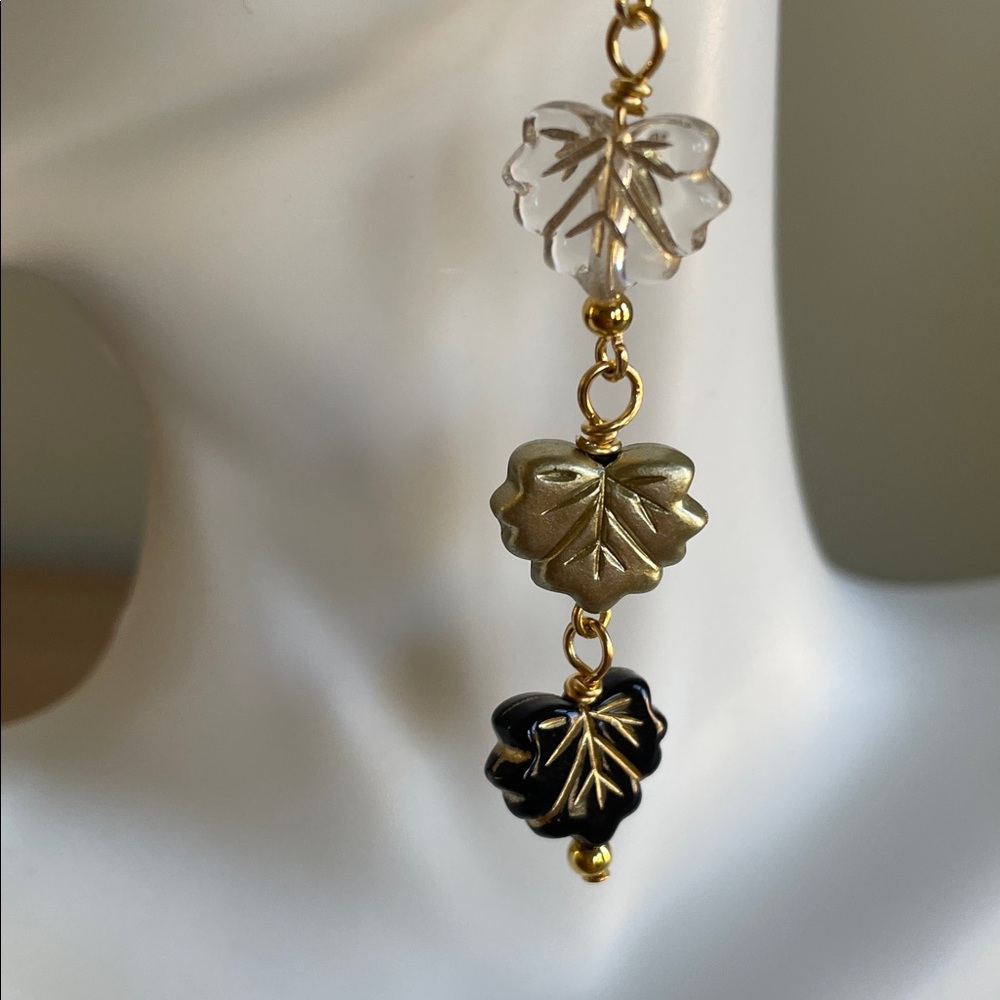 HAND CRAFTED FALLING LEAVES DANGLE EARRINGS Gold Black Clear Autumn Cottagecore
